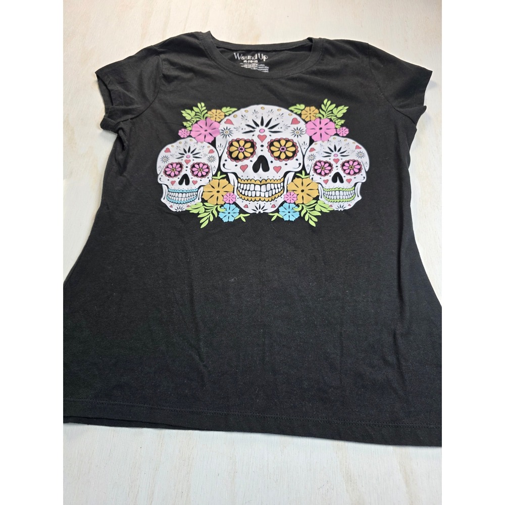 Wound Up Sugar Skull Graphic Tee Black Floral XL 15-17 Boho Gothic T-Shirt